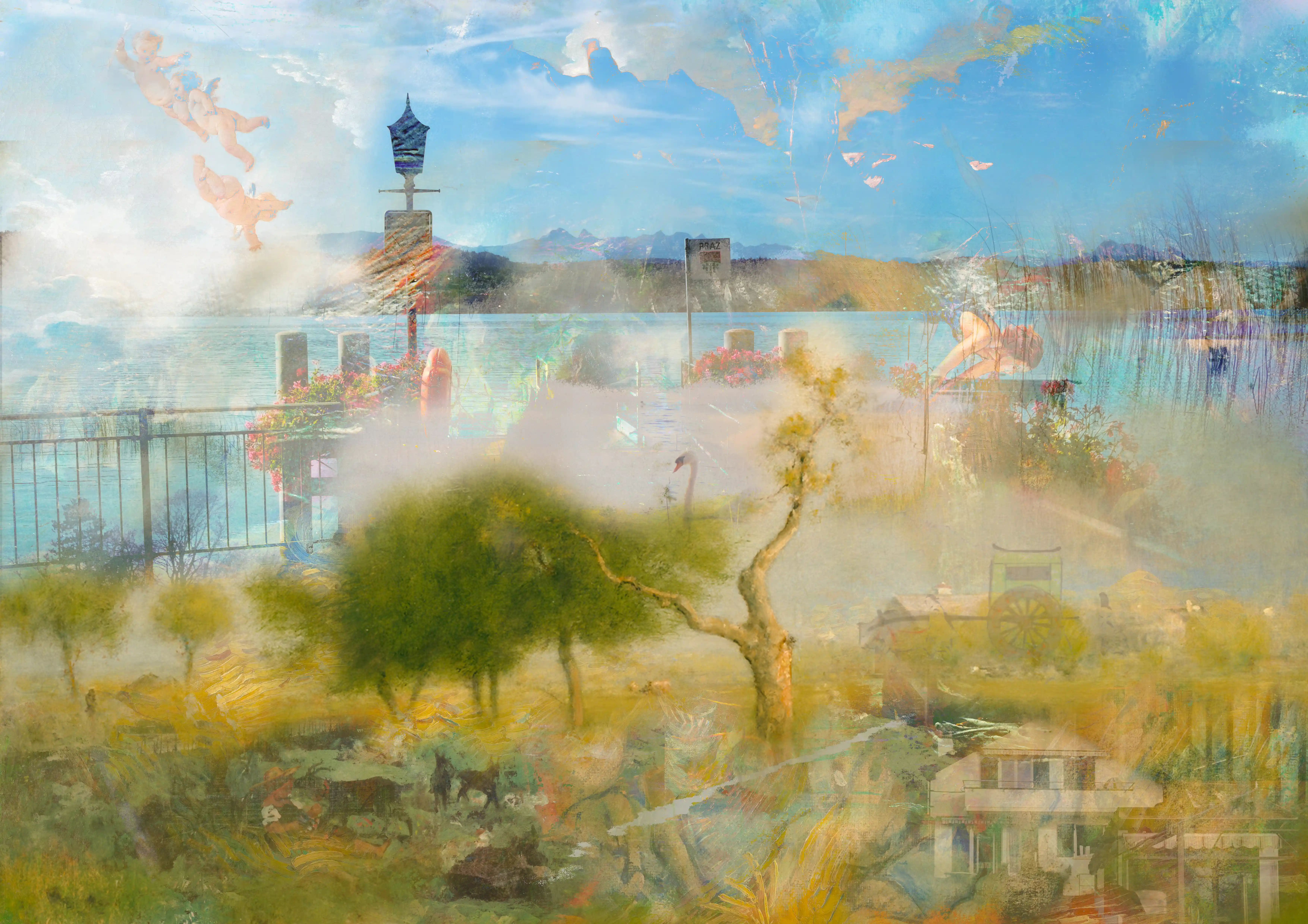 Digital collage combining a photograph of Praz in Switzerland with a family house, figures diving into the water, and angels floating across a bright blue sky.
